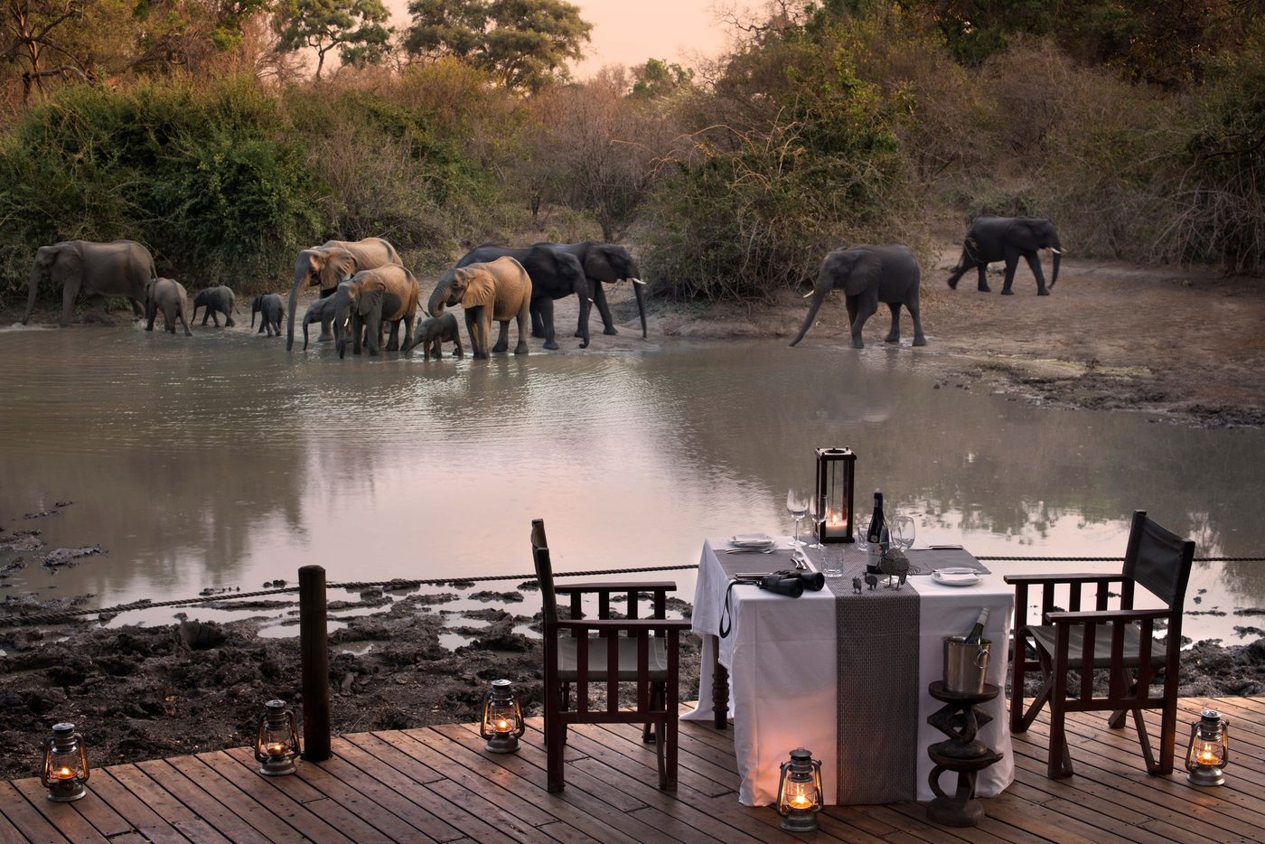 Dining table set at the pan's edge with elephants nearby at Kanga Expeditions.