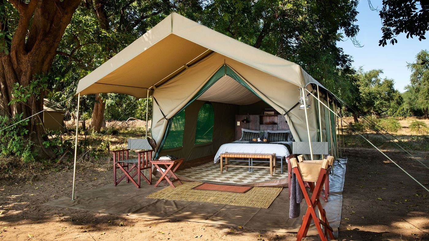 Safari tent pitched among riverine trees at Mana River Camp, Mana Pools.