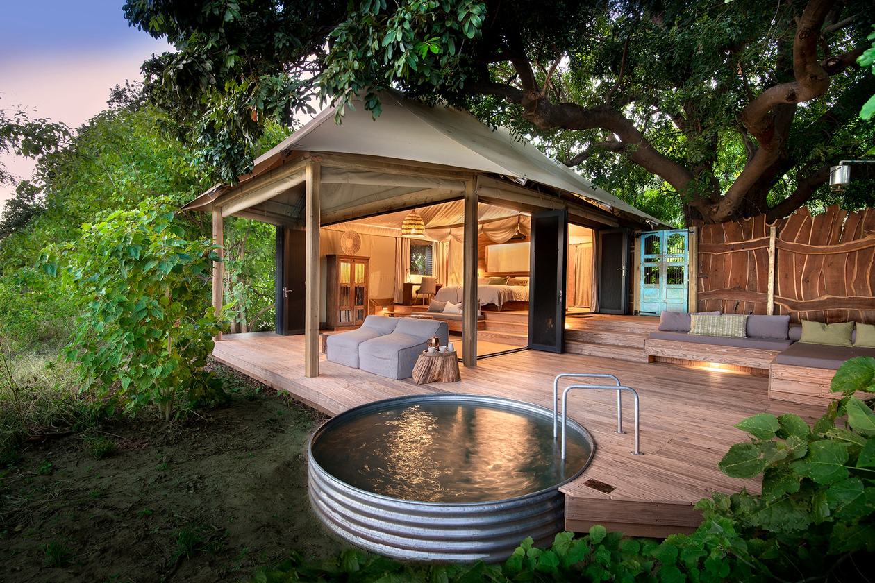 Thatched suite deck with a private plunge pool at Nyamatusi Camp, Mana Pools.