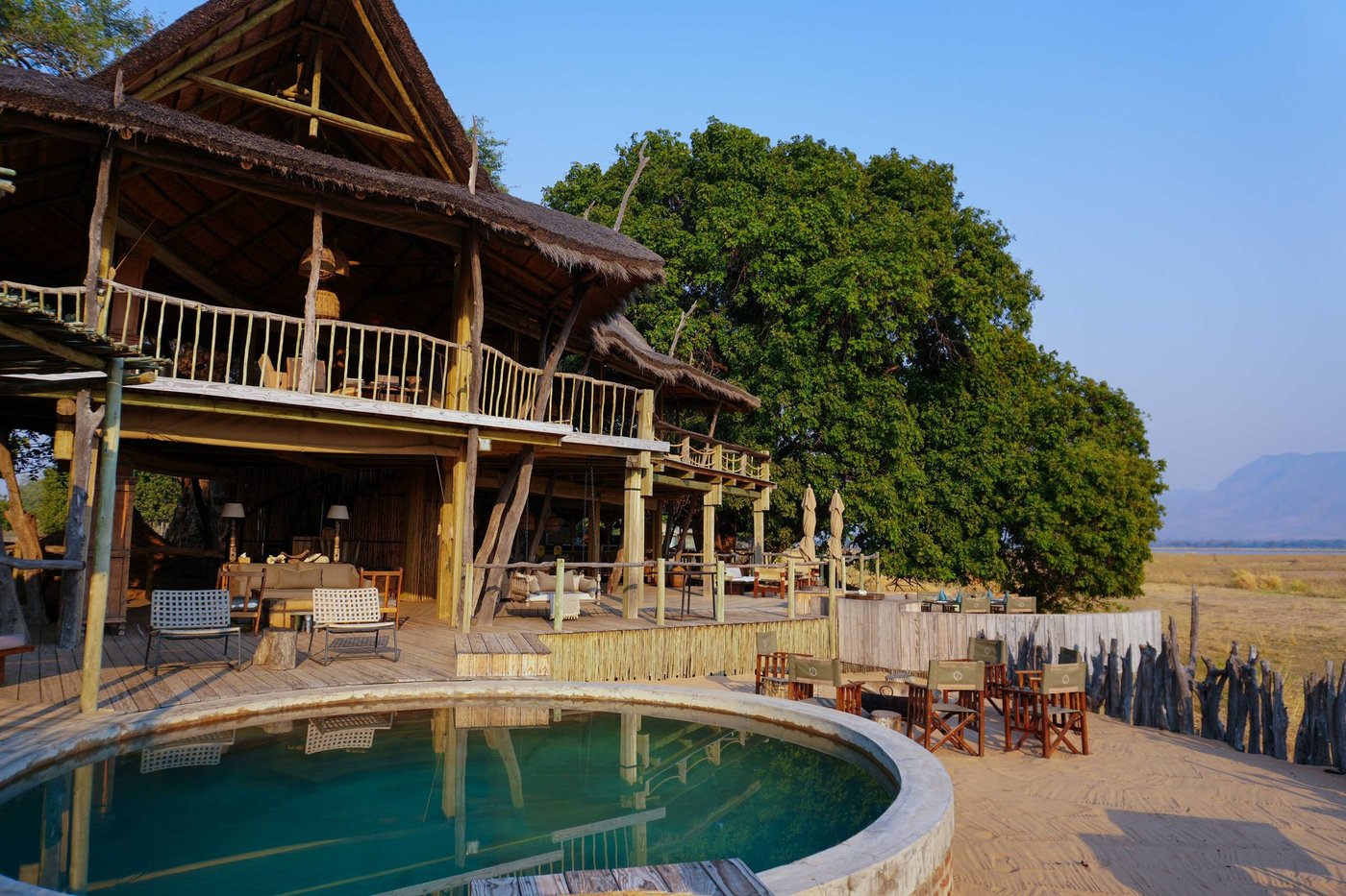 Swimming pool deck overlooking the camp grounds at Nyamatusi Mahogany.