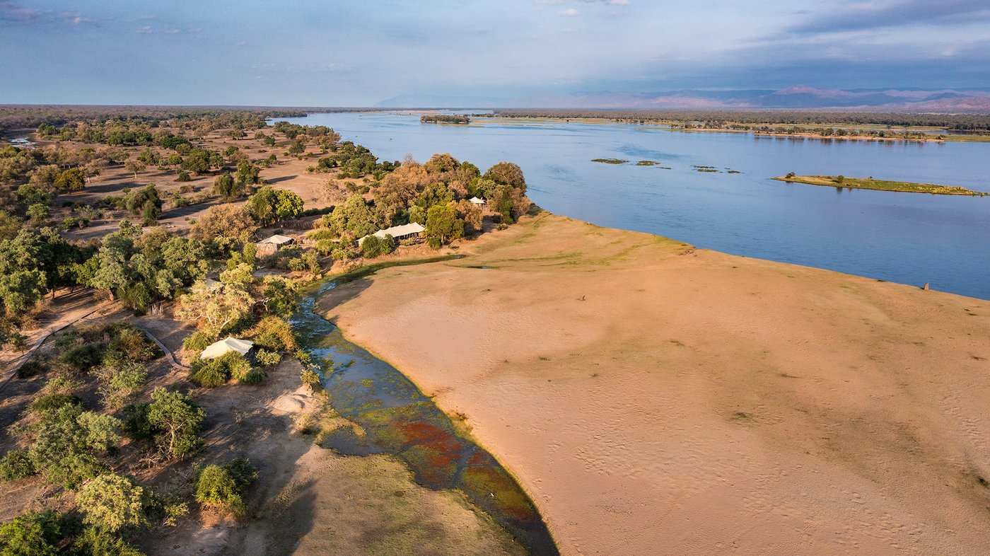 Aerial view of the Zambezi River bend near Tembo Plains Camp.
