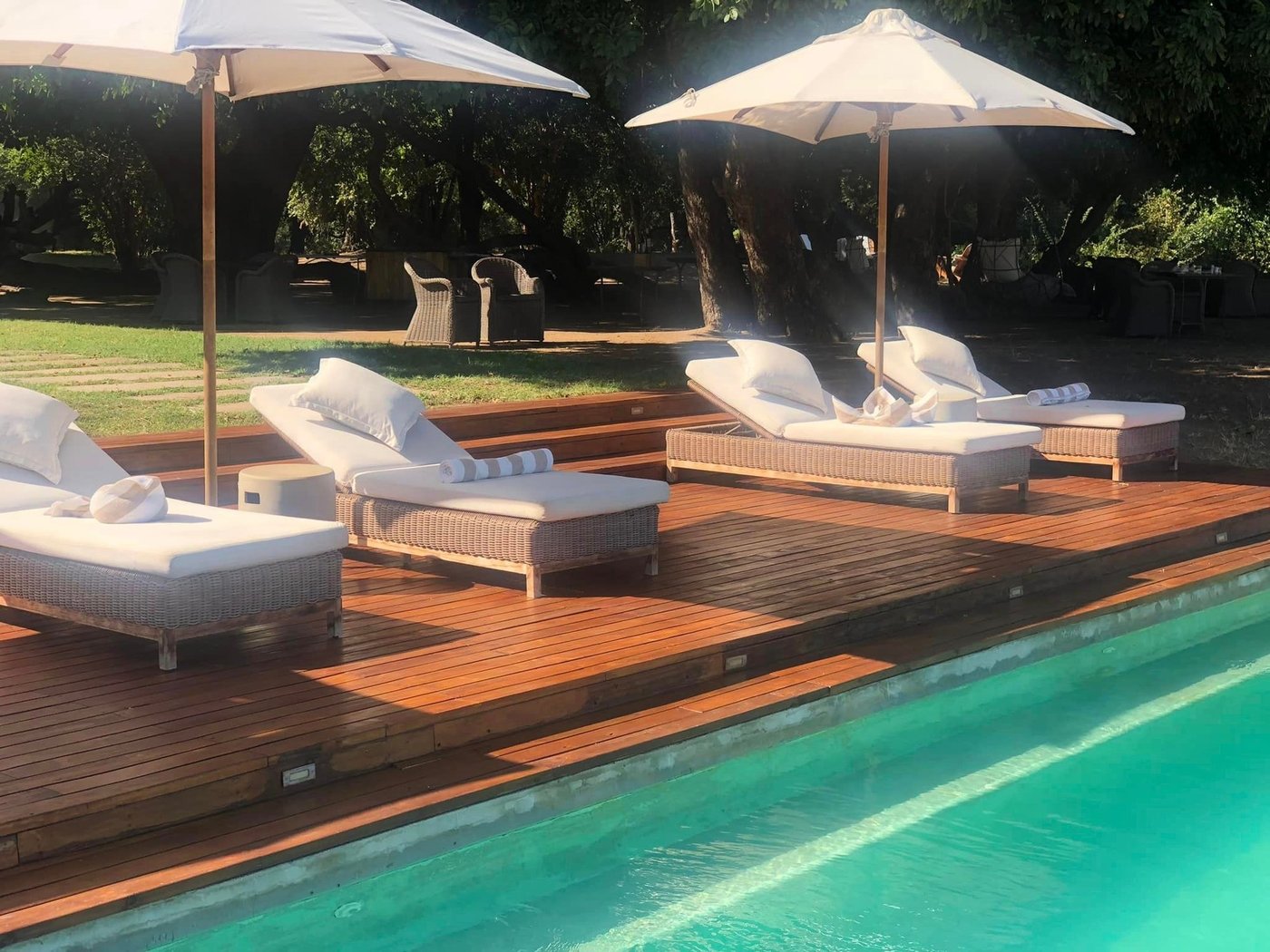 Swimming pool deck with loungers and umbrellas at Wilderness Chikwenya.