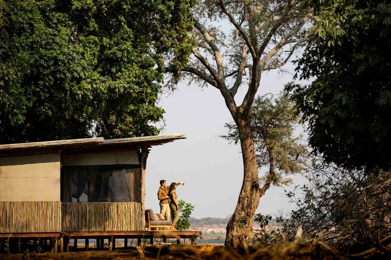 Guest tent deck overlooking elephants on the floodplain at Wilderness Little Ruckomechi.