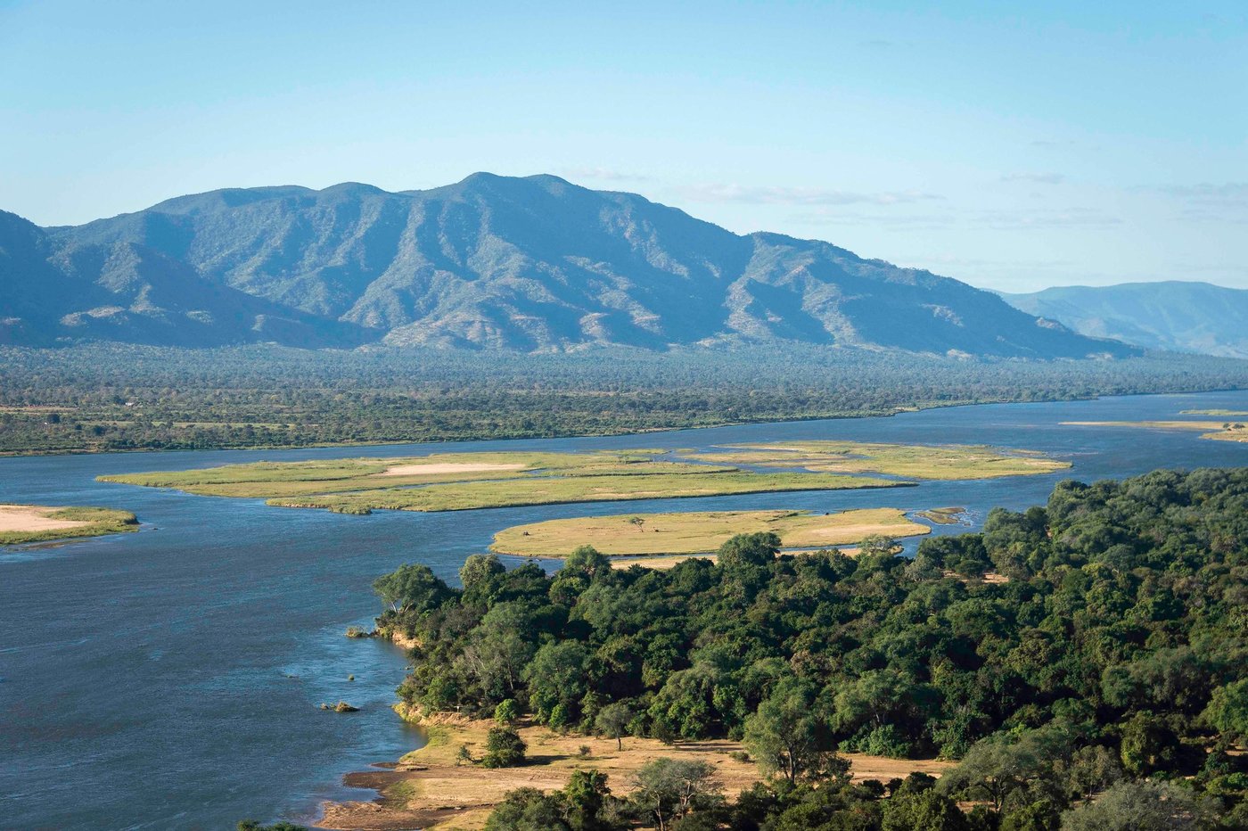 Aerial view of the Zambezi escarpment and river near Wilderness Little Ruckomechi.